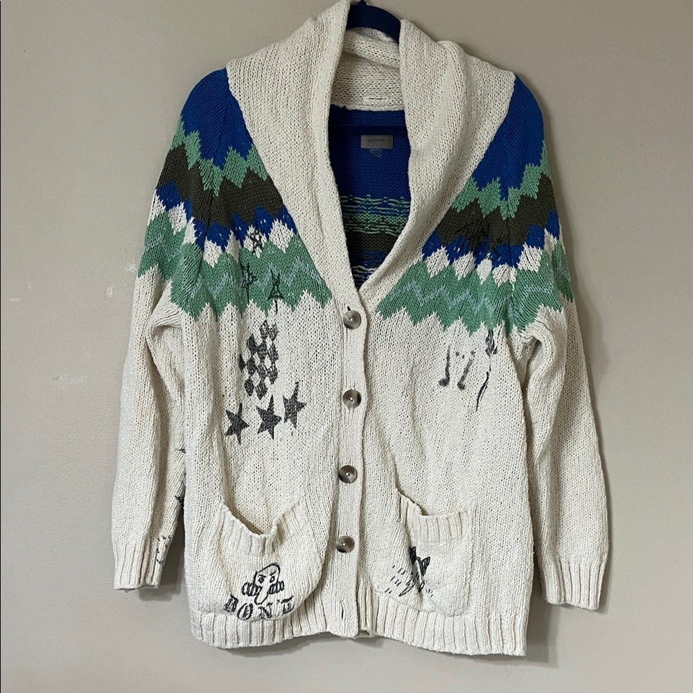 MOTHER Cream Shawl Collar Cardigan with Blue and Green Chevron Accents